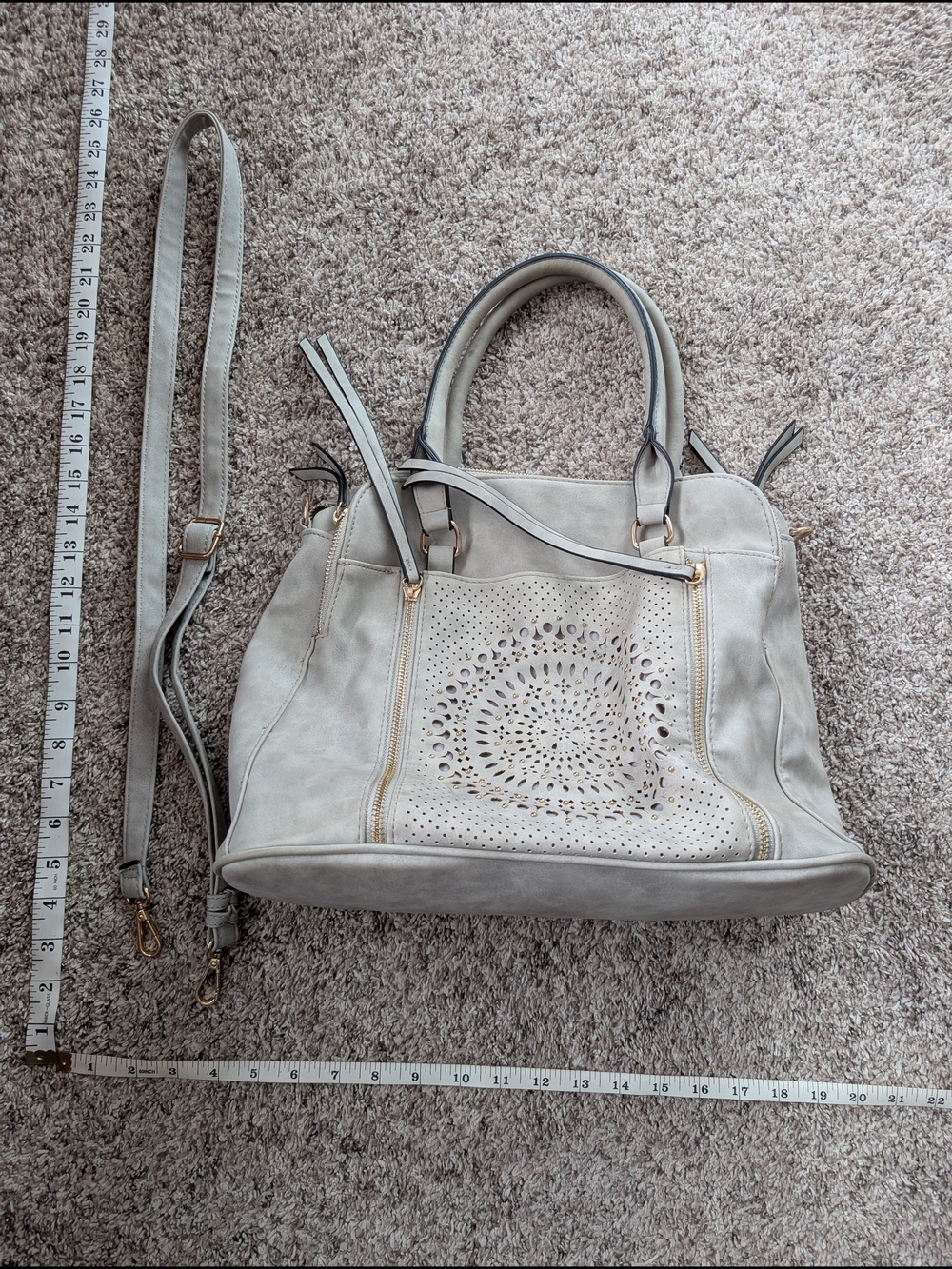 Light Gray Women's Satchel Handbag with Laser-Cut Front Panel